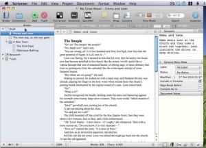 La visuale standard di Scrivener a tre colonne: Binder (a sinistra), Editor (al centro), Inspector (a destra), 